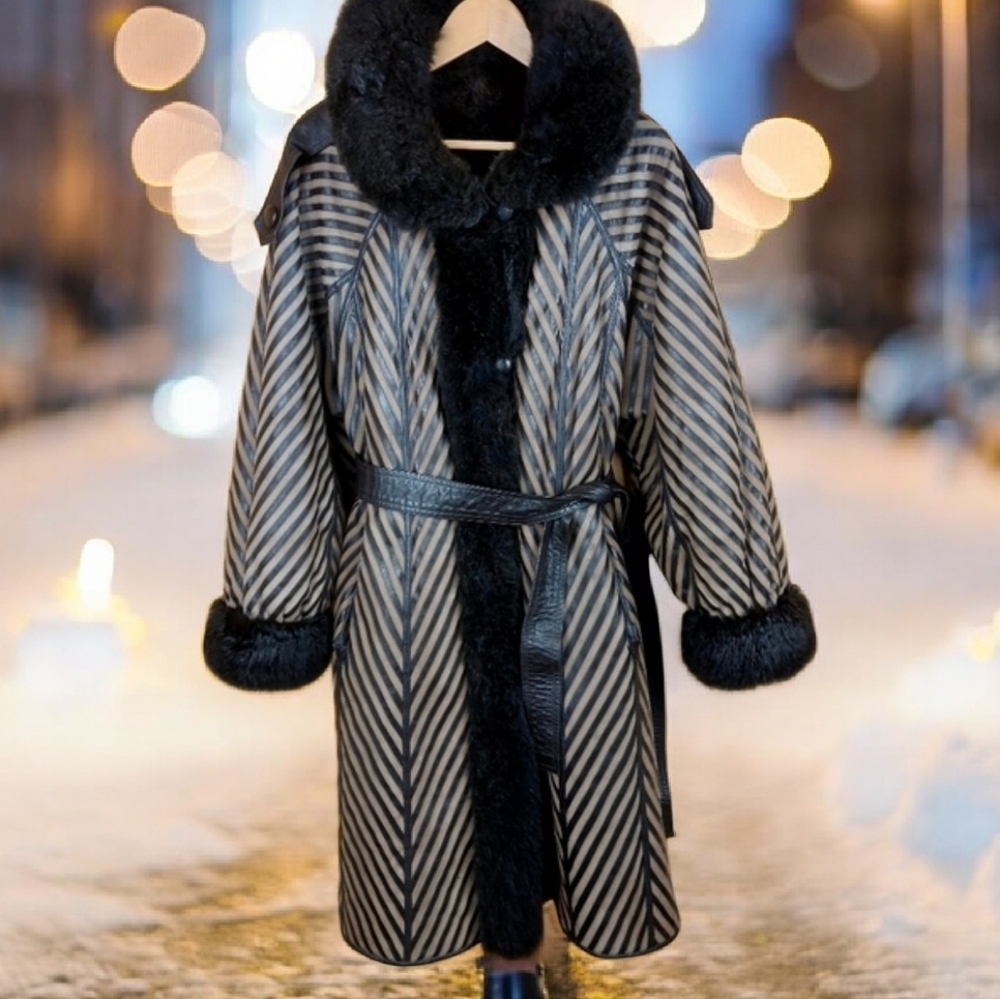 Vintage Reversible Fur Coat 2 Sides Unique Long Winter Coat With Waist belt